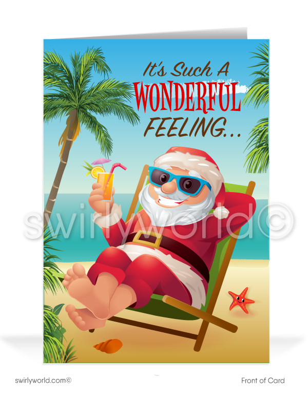 Cartoon Surfer Santa Claus on Beach Merry Christmas Holiday Cards for Business. Hang 10 Santa Claus. Surfing Santa drinking cocktail on beach. Tropical beach Christmas cards.