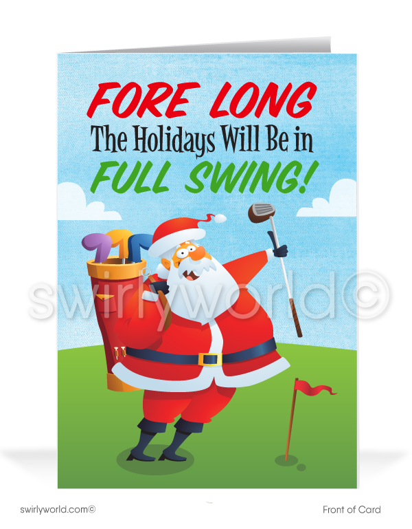 Funny Humorous Golfing Golfer Santa Claus Merry Christmas Holiday Greeting Cards for Business Customers. Harrison Publishing Company holiday cards. 