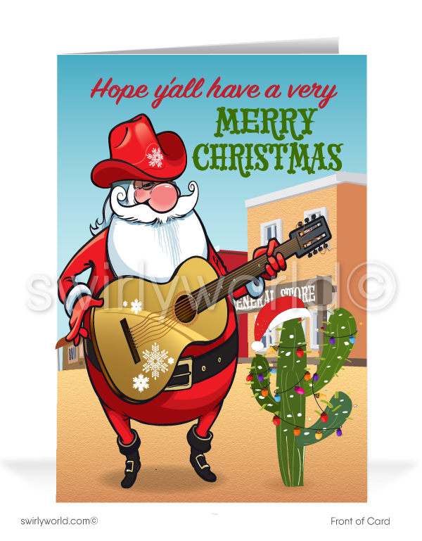 Cowboy Western Cartoon Santa Claus Old Fashioned Merry Christmas Holiday Cards. Harrison Publishing Company.