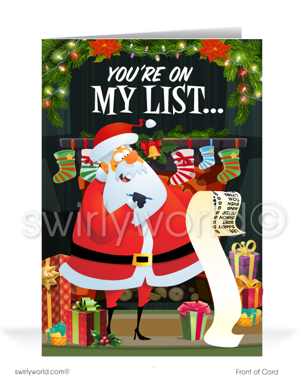 Funny Humorous Santa Claus with List Merry Christmas Holiday Greeting Cards for Business Customers. Harrison Publishing Company. 