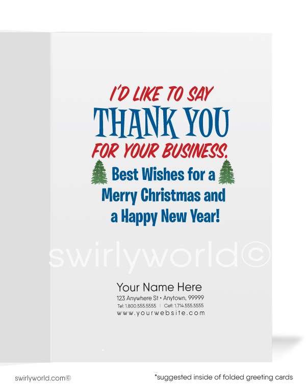 Funny Cartoon Santa Claus  Hanging from Chimney Merry Christmas Business Holiday Cards