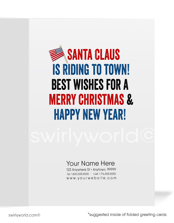 Patriotic Santa on a Motorcycle Merry Christmas Holiday Cards for Business Customers