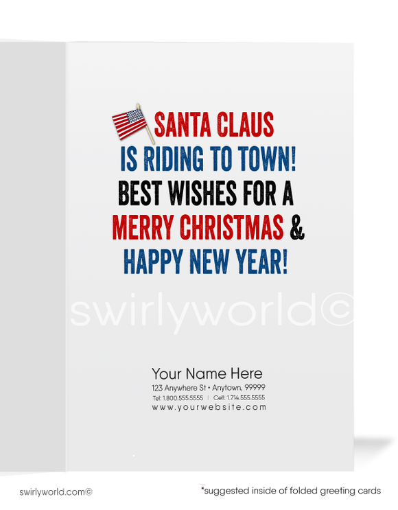 Funny Humorous Patriotic Santa on a Motorcycle Merry Christmas Holiday Greeting Cards for Business Customers. MAGA Trump Republican Santa riding motorcycle Merry Christmas cards for business.