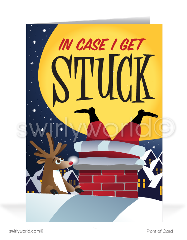 Funny Humorous Santa Claus Stuck in Chimney Merry Christmas Holiday Greeting Cards for Business Customers. Harrison Publishing Company Merry Christmas cards for customers. Harrison Greetings