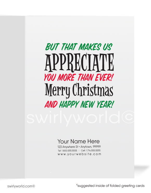 Funny Humorous Beat Up Mixed Up Santa and Reindeer Merry Christmas Cards. Harrison Publishing Company Merry Christmas holiday cards.