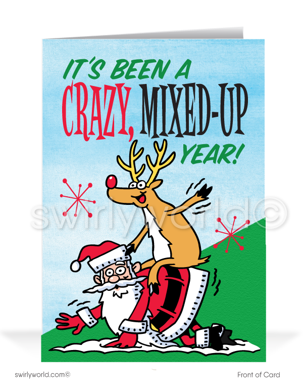 Funny Humorous Beat Up Mixed Up Santa and Reindeer Merry Christmas Cards. Harrison Publishing Company Merry Christmas holiday cards.