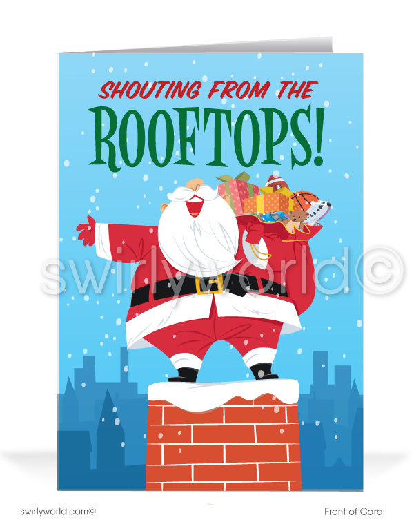 Funny Humorous Santa Claus Shouting from Chimney Merry Christmas Holiday Greeting Cards for Business Customers. Harrison Greetings Christmas cards for business.