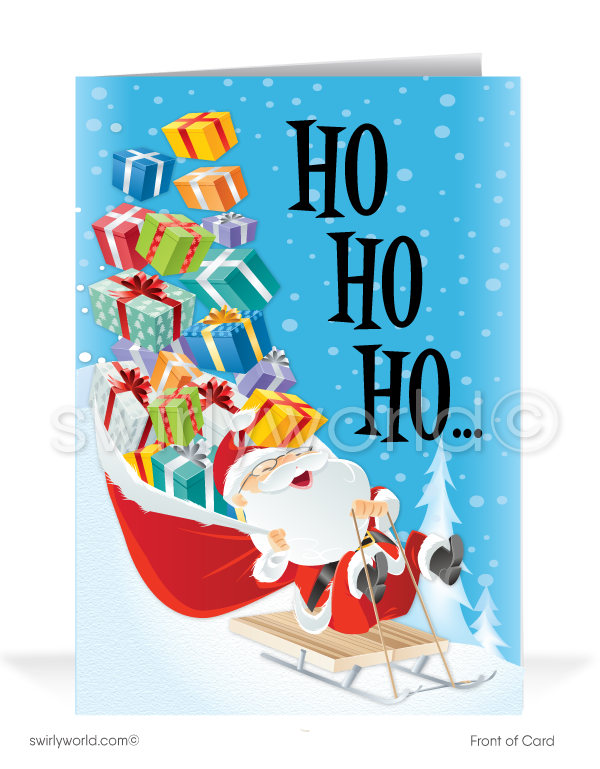 Funny Humorous Sledding Santa Claus Merry Christmas Company Holiday Greeting Cards for Business Customers.