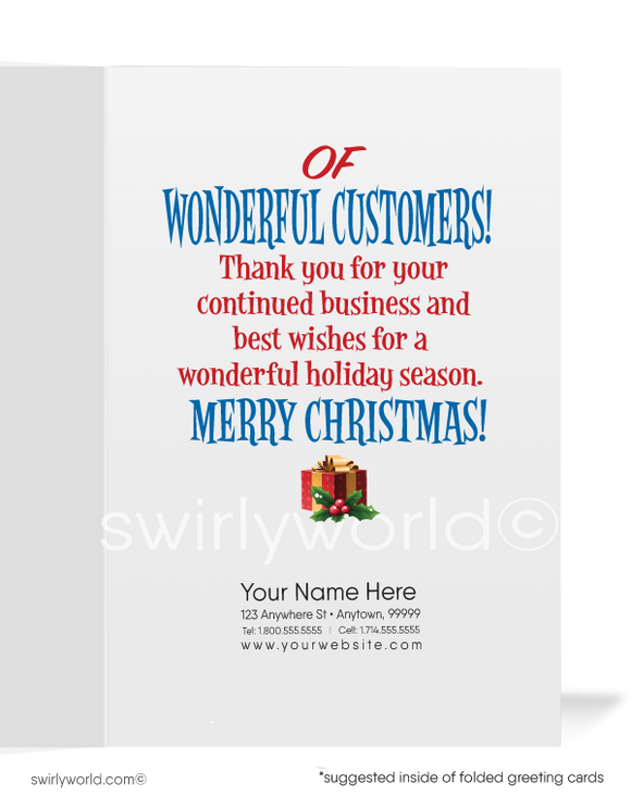 Funny Humorous Santa Claus From the Office Merry Christmas Holiday Greeting Cards for Business Customers. Old Fashioned Santa Claus