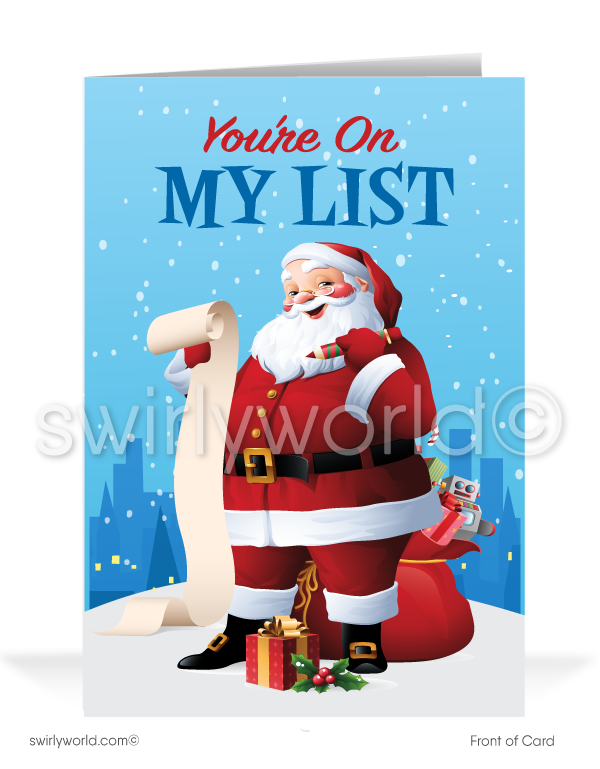 Funny Humorous Santa Claus From the Office Merry Christmas Holiday Greeting Cards for Business Customers. Old Fashioned Santa Claus