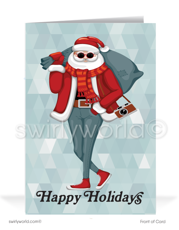 Funny Humorous Hipster Santa Claus Merry Christmas Company Holiday Greeting Cards for Business Customers.