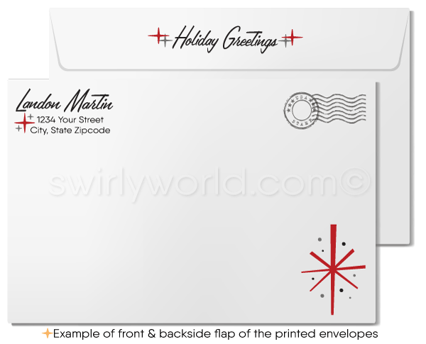 Red and Black Atomic Retro 1960s Mid-Century Mod Christmas Holiday Greeting Cards