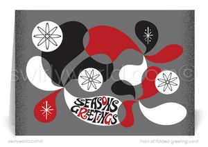 Retro atomic mid-century modern red, black, grey MCM 1960s style vintage Christmas Season's Greeting holiday cards.