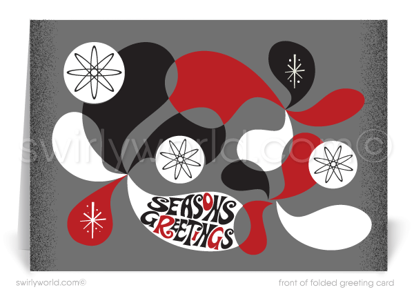 Retro atomic mid-century modern red, black, grey MCM 1960s style vintage Christmas Season's Greeting holiday cards.