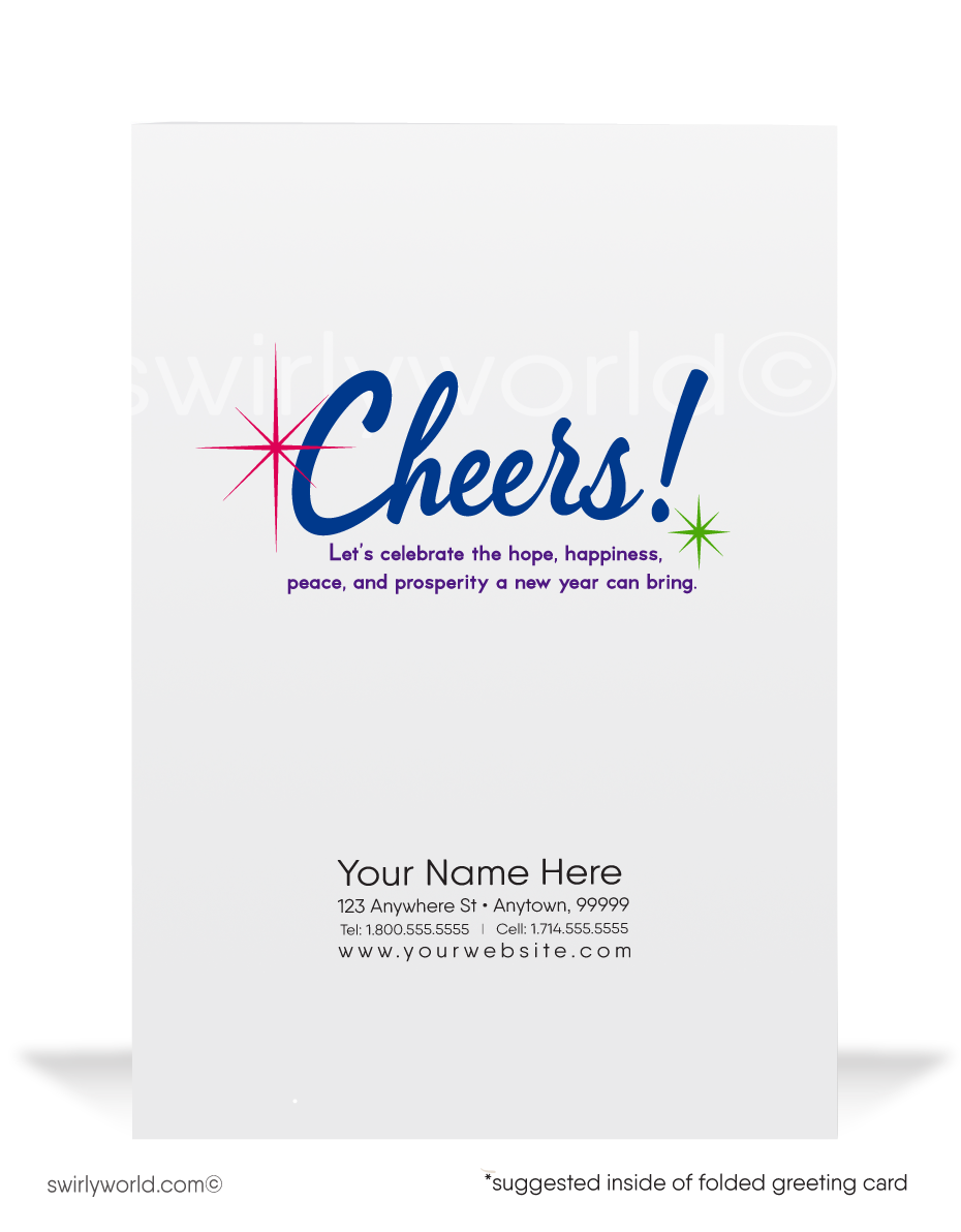 Celebrate the New Year with Retro Elegance! Colorful streamers, vintage calligraphy, confetti, and a deep blue backdrop for a festive and timeless design.