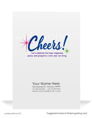 Retro Happy New Year Card with Colorful Streamers, Vintage Calligraphy, and Confetti on Deep Blue Backdrop