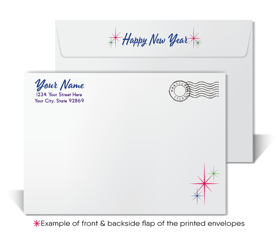 Retro Happy New Year Card with Colorful Streamers, Vintage Calligraphy, and Confetti on Deep Blue Backdrop