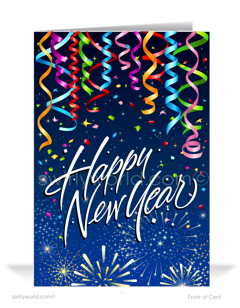 Celebrate the New Year with Retro Elegance! Colorful streamers, vintage calligraphy, confetti, and a deep blue backdrop for a festive and timeless design.