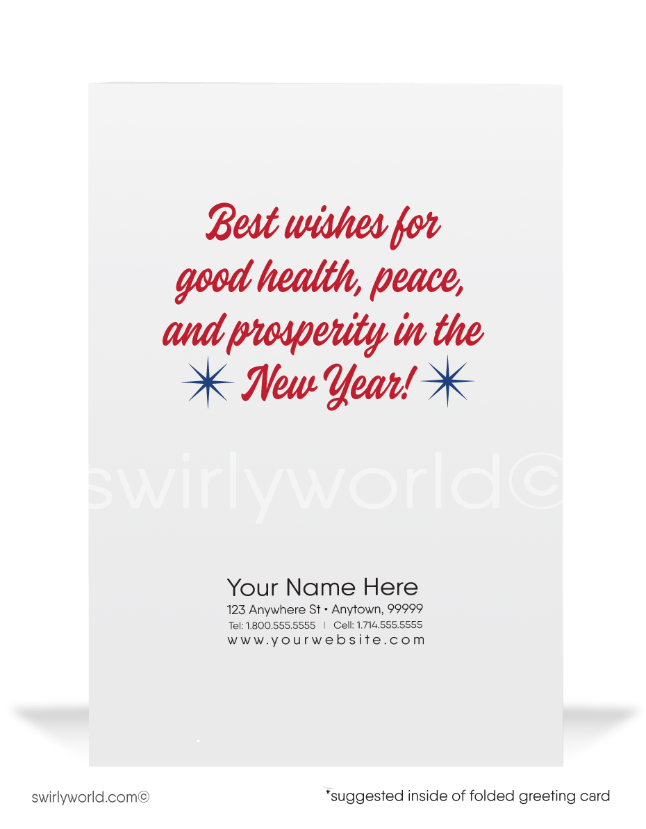 Celebrate the New Year with Retro Elegance! Patriotic red, white, and blue design, bursting stars, atomic starbursts, and vintage typography on a bold blue backdrop.