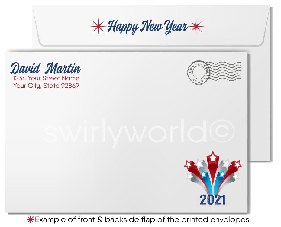 Retro Happy New Year Card with Patriotic Red, White, and Blue Design, Bursting Stars, and Atomic Starbursts