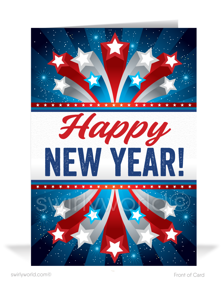 Celebrate the New Year with Retro Elegance! Patriotic red, white, and blue design, bursting stars, atomic starbursts, and vintage typography on a bold blue backdrop.