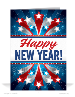Celebrate the New Year with Retro Elegance! Patriotic red, white, and blue design, bursting stars, atomic starbursts, and vintage typography on a bold blue backdrop.