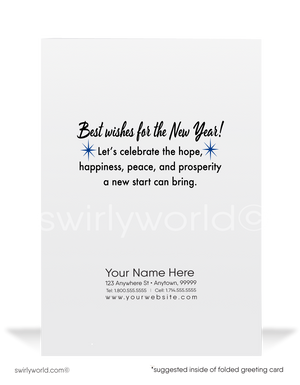 Retro Cityscape Happy New Year Card with Neon-Style Design and Starry Night Sky Backdrop