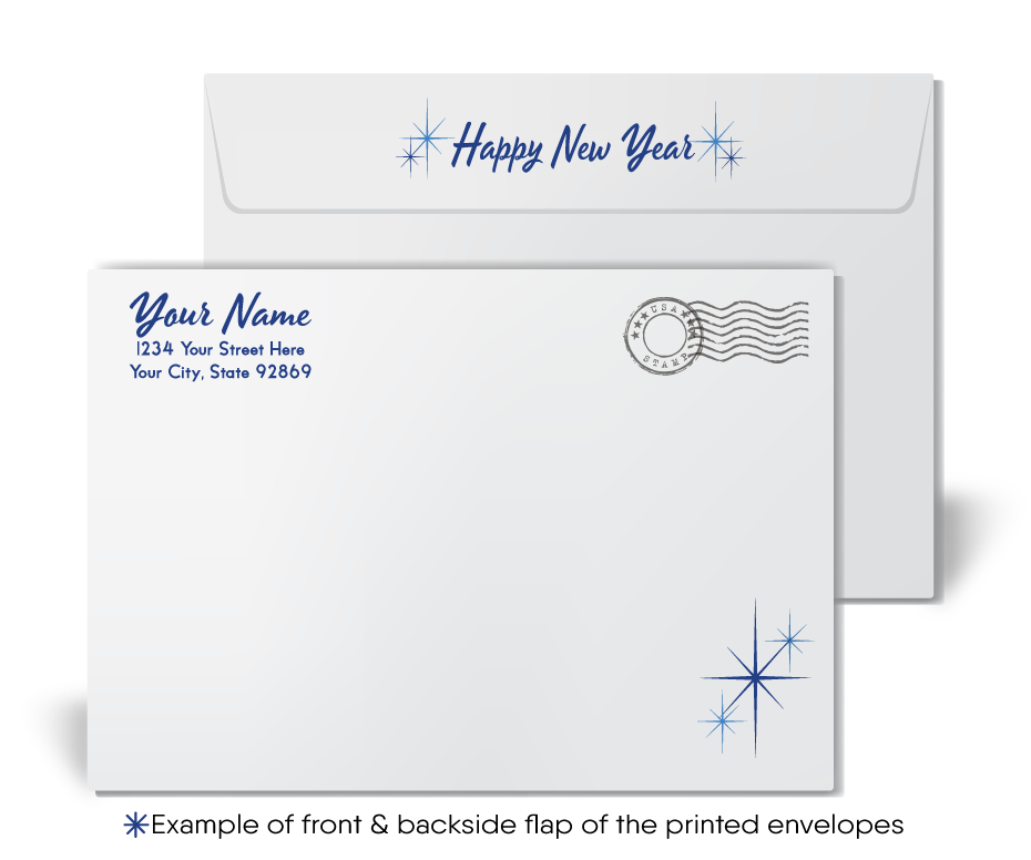Retro Cityscape Happy New Year Card with Neon-Style Design and Starry Night Sky Backdrop