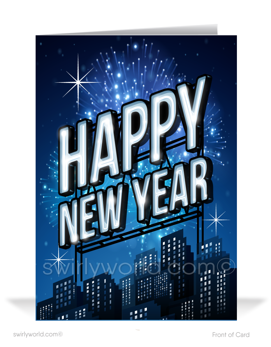 Send retro vibes with our Happy New Year Card! Neon-style cityscape, dramatic night sky, and bold design perfect for clients, customers, and friends.