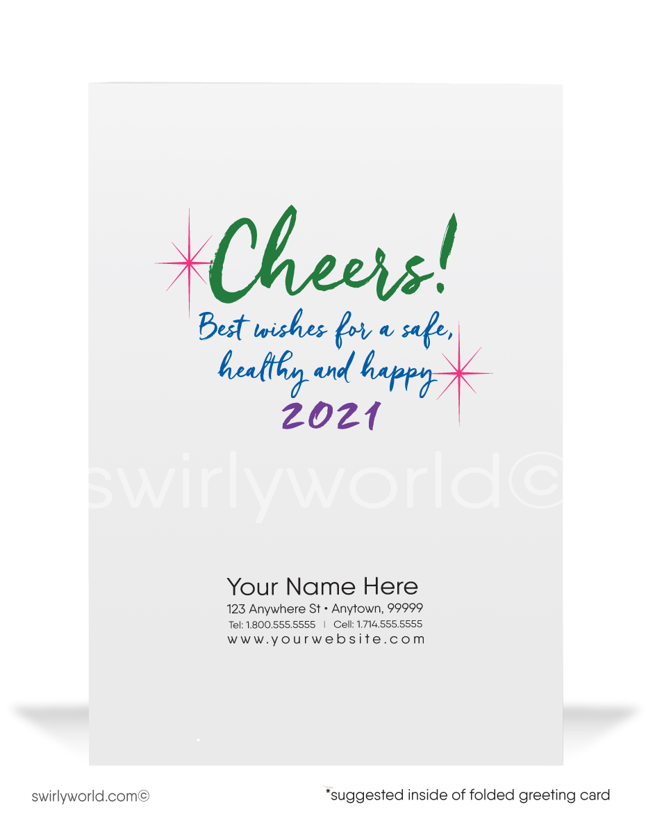 Ring in the New Year with Retro Cards! Champagne bottle, vibrant abstract circles, atomic starbursts, and vintage typography on a bold black backdrop.