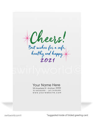 Retro Happy New Year Card with Champagne Bottle, Abstract Circles, and Atomic Starbursts on Black Backdrop