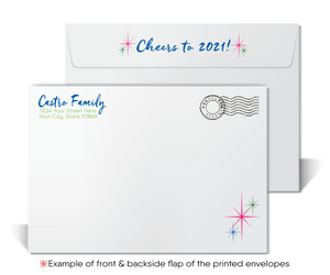 Retro Happy New Year Card with Champagne Bottle, Abstract Circles, and Atomic Starbursts on Black Backdrop