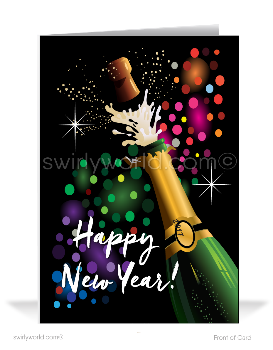 Ring in the New Year with Retro Cards! Champagne bottle, vibrant abstract circles, atomic starbursts, and vintage typography on a bold black backdrop.