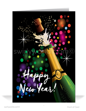Ring in the New Year with Retro Cards! Champagne bottle, vibrant abstract circles, atomic starbursts, and vintage typography on a bold black backdrop.