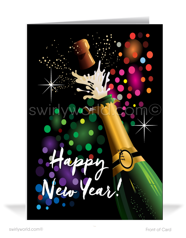 Retro Happy New Year Card with Champagne Bottle, Abstract Circles, and ...