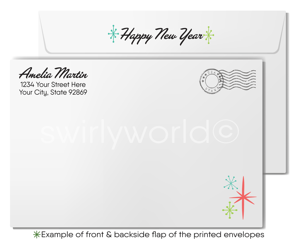 2024 Atomic Mid-Century Retro Modern Vintage Happy New Year Greeting Cards