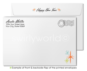 Retro Mid-Century Modern Happy New Year Greeting Card with Abstract Firework Design in MCM Colors