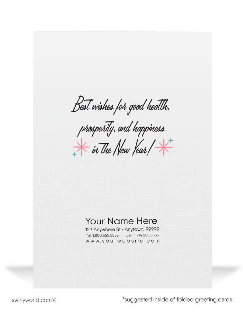 1950s-1960s Vintage Happy New Year Greeting Card with Retro Party Hats, Champagne Glasses, and Mid-Century Typography
