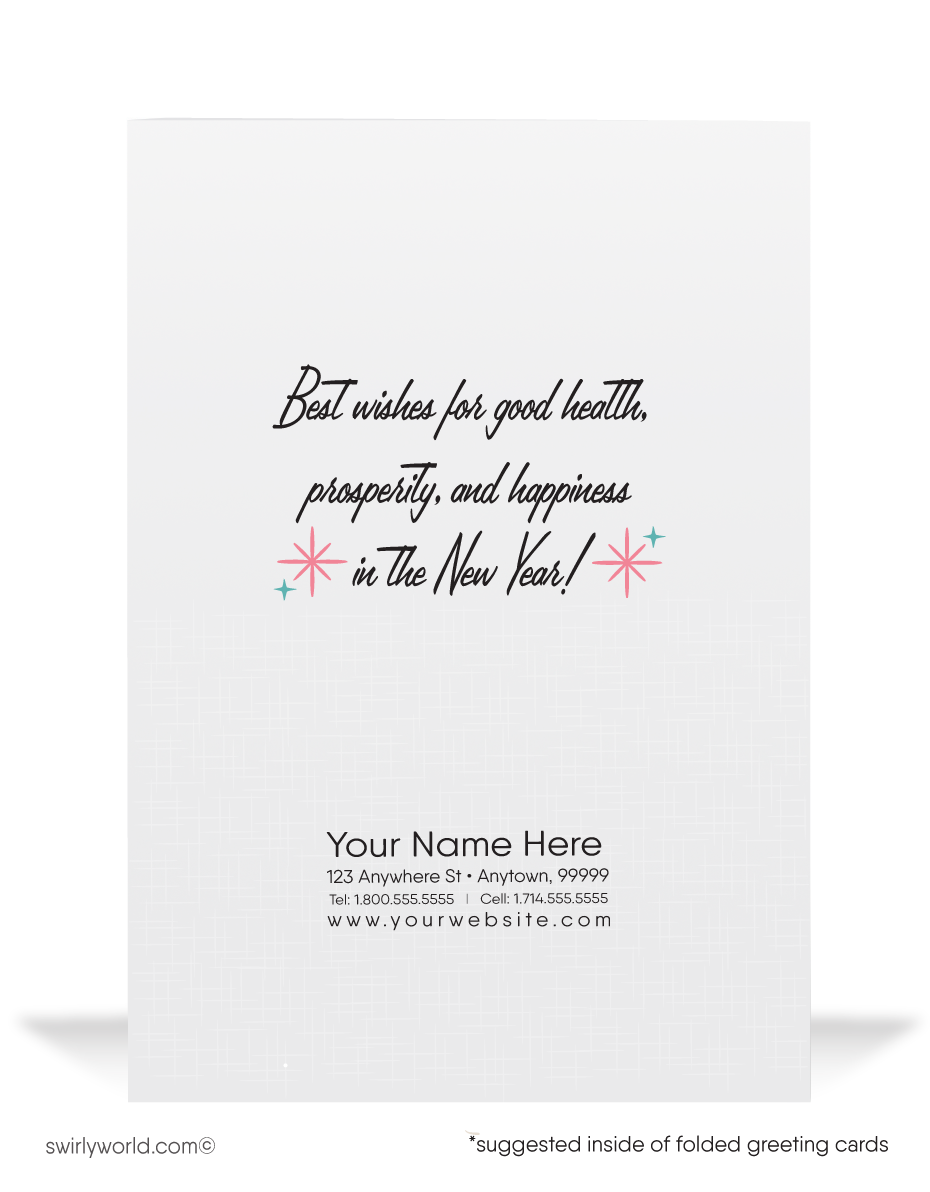 Celebrate in vintage style! Our Happy New Year Greeting Card features retro party hats, champagne, and mid-century typography for a timeless festive charm.