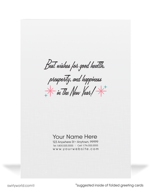 1950s-1960s Vintage Happy New Year Greeting Card with Retro Party Hats, Champagne Glasses, and Mid-Century Typography