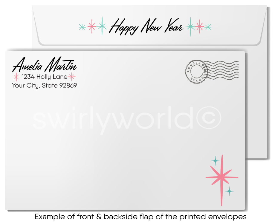 1950s-1960s Vintage Happy New Year Greeting Card with Retro Party Hats, Champagne Glasses, and Mid-Century Typography