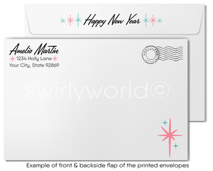 1950s-1960s Vintage Happy New Year Greeting Card with Retro Party Hats, Champagne Glasses, and Mid-Century Typography