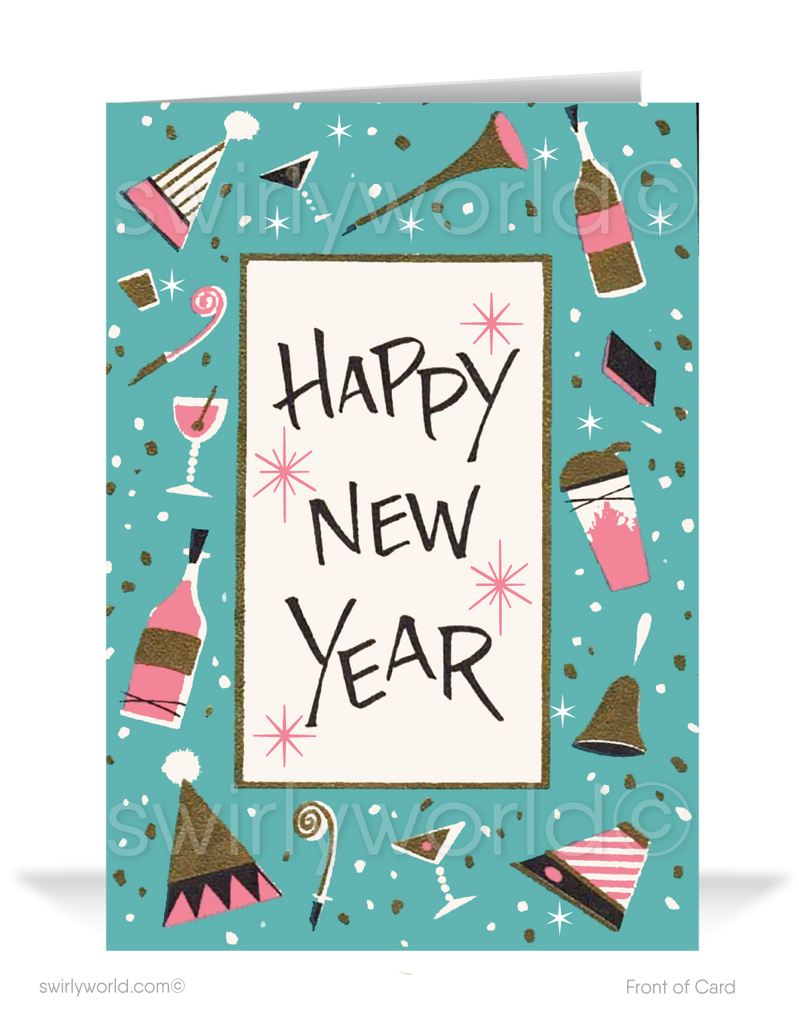 Celebrate in vintage style! Our Happy New Year Greeting Card features retro party hats, champagne, and mid-century typography for a timeless festive charm.