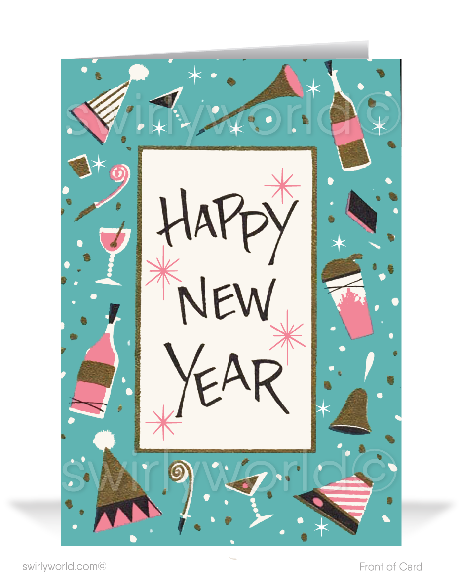 Celebrate in vintage style! Our Happy New Year Greeting Card features retro party hats, champagne, and mid-century typography for a timeless festive charm.