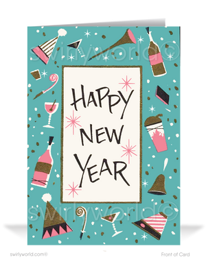 Celebrate in vintage style! Our Happy New Year Greeting Card features retro party hats, champagne, and mid-century typography for a timeless festive charm.