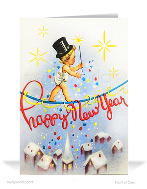 Celebrate with retro charm! Our Vintage 'Baby New Year' Tightrope Greeting Card features a playful scene, ribbon-style typography, and mid-century festive design.