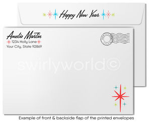 Vintage Happy New Year Greeting Card with Adorable Puppy, Top Hat, Festive Blower, and Retro 1940s-1950s Design