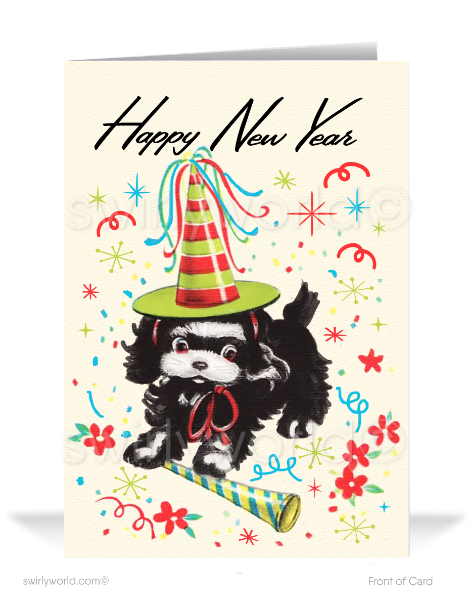 Celebrate New Year's with nostalgia! Our Vintage Happy New Year Card features a playful puppy, festive blower, confetti, and 1940s-1950s retro charm.