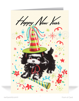 Celebrate New Year's with nostalgia! Our Vintage Happy New Year Card features a playful puppy, festive blower, confetti, and 1940s-1950s retro charm.