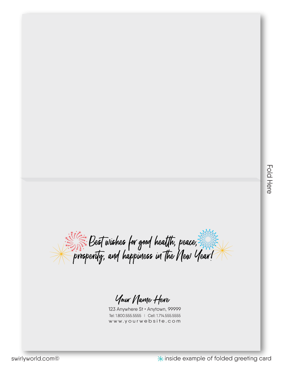 Send festive vibes with Retro New Year Cards! Featuring a joyful snowman, dazzling fireworks, vibrant colors, and "Happy New Year" in retro calligraphy.